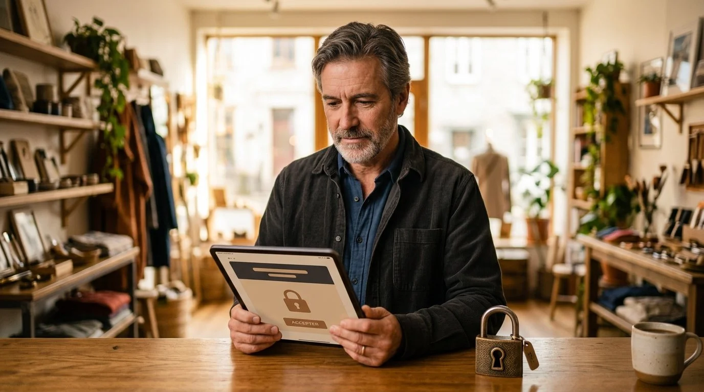 Commerçant vérifiant la bannière de consentement de son site sur une tablette, un cadenas sur le comptoir