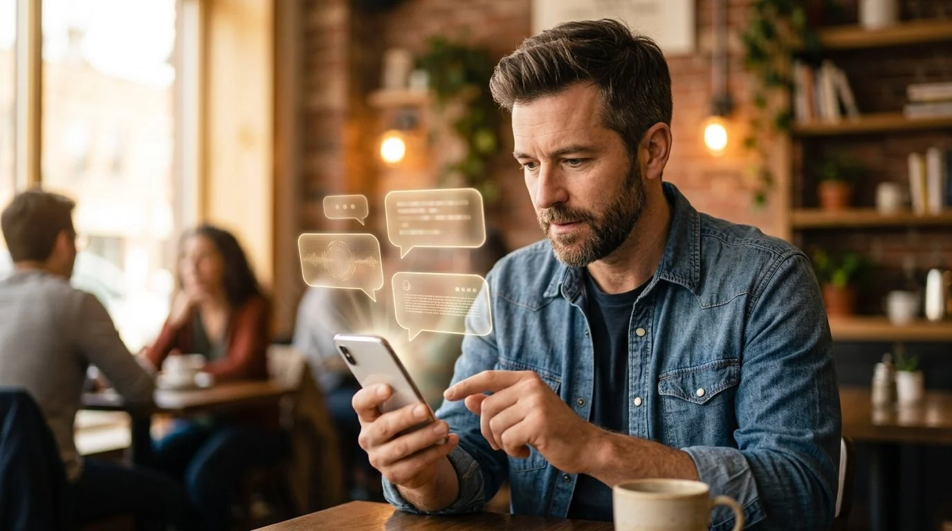 Entrepreneur posant une question à un assistant IA sur son téléphone dans un café